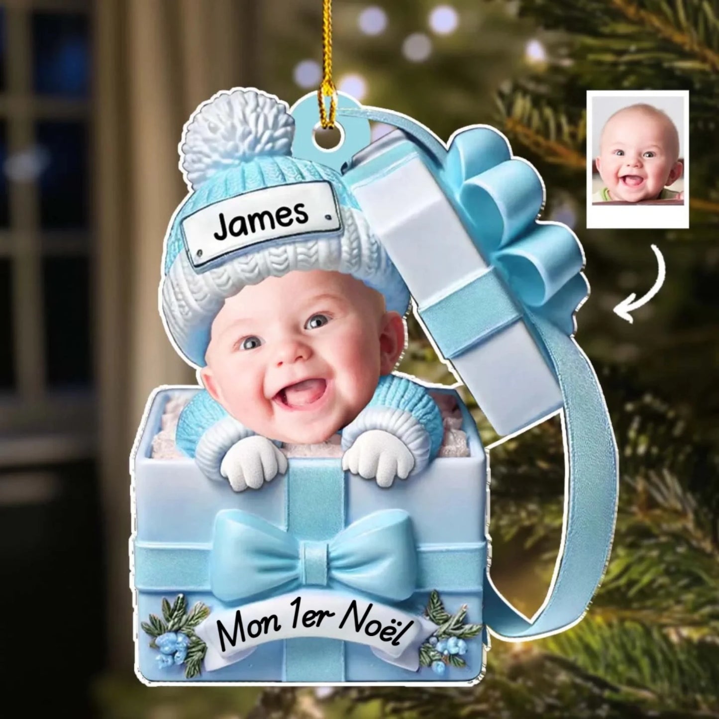 Ornement Acrylique Personnalisé – Bébé dans une Boîte Cadeau.1