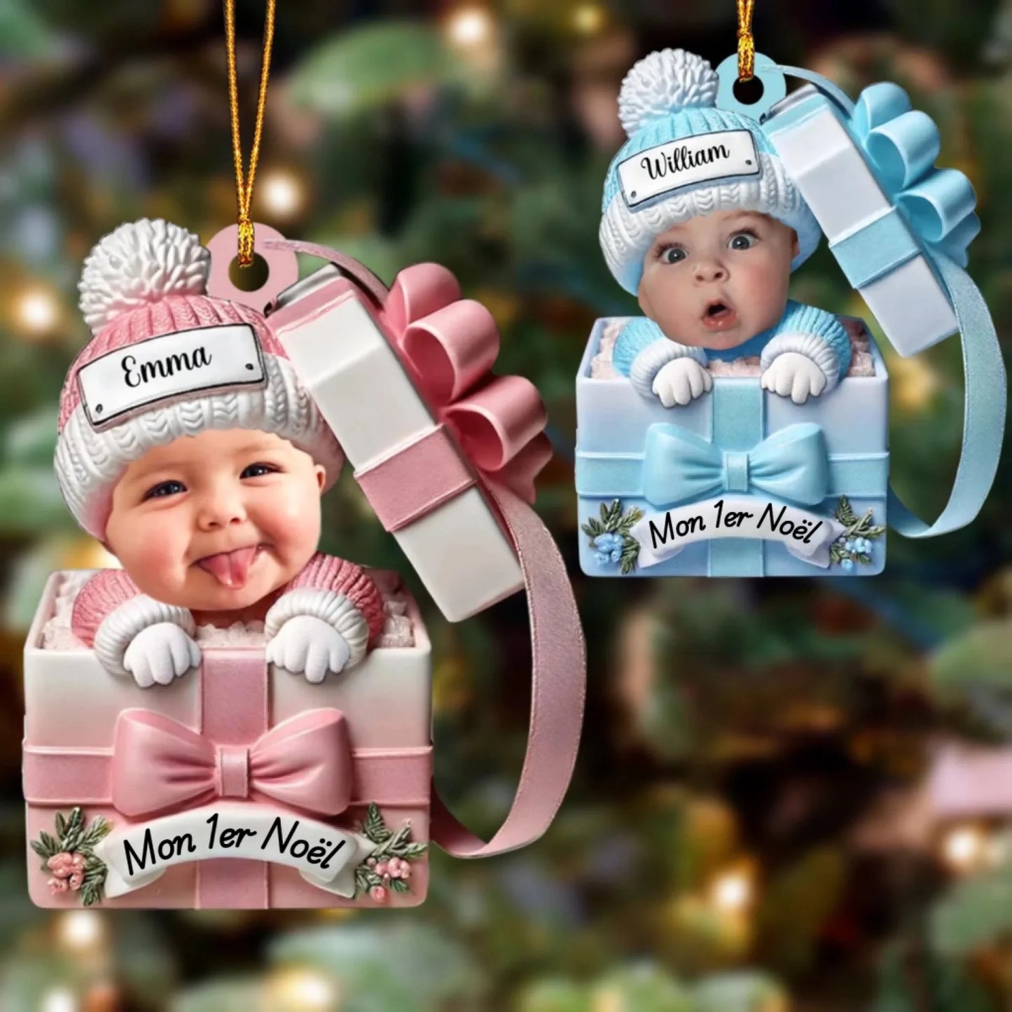 Ornement Acrylique Personnalisé – Bébé dans une Boîte Cadeau.
