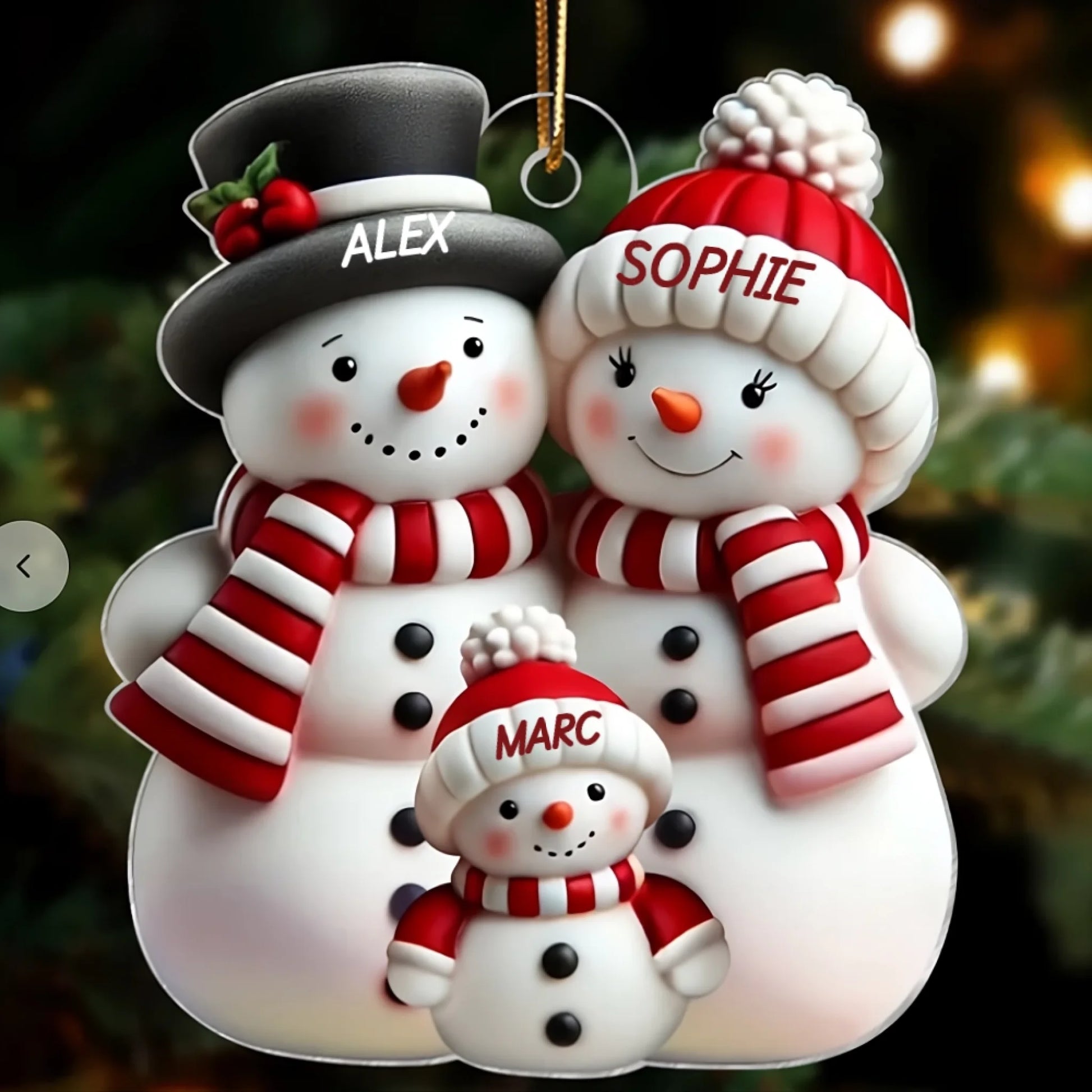 Ornement de Noël effet 3D – Famille de Bonshommes de Neige Personnalisée