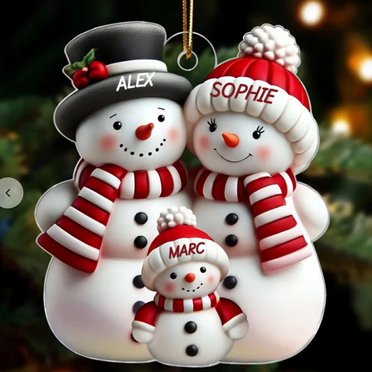 Ornement de Noël effet 3D – Famille de Bonshommes de Neige Personnalisée