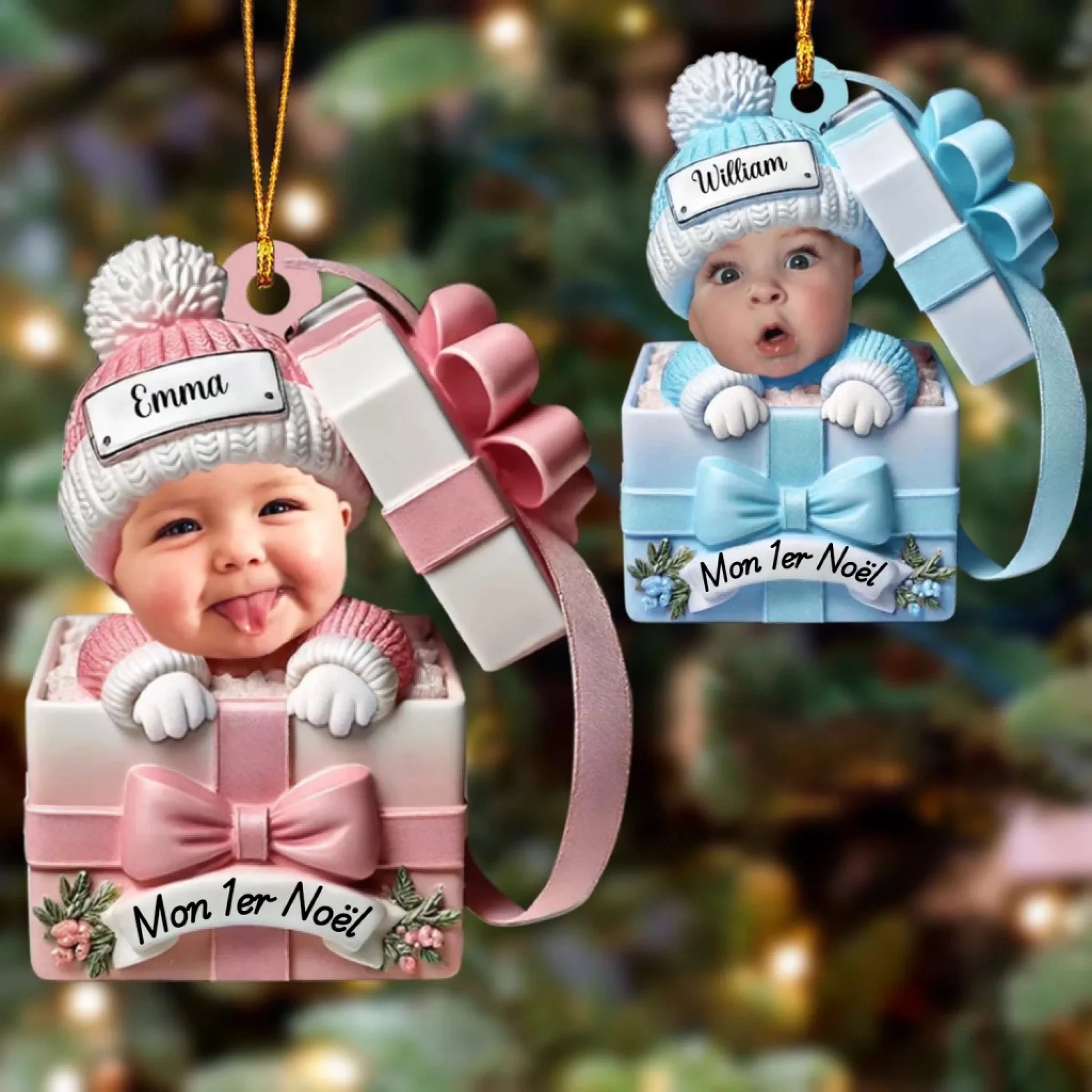 Ornement Acrylique Personnalisé – Bébé dans une Boîte Cadeau.