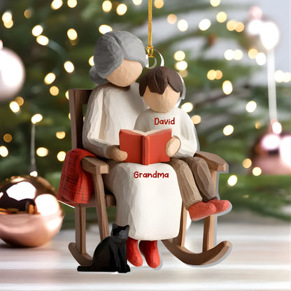 Décoration de Noël Personnalisée – Moment d’Histoire avec Mamie et Petit-Fils  Petite-Fille – Ornement Acrylique Unique
