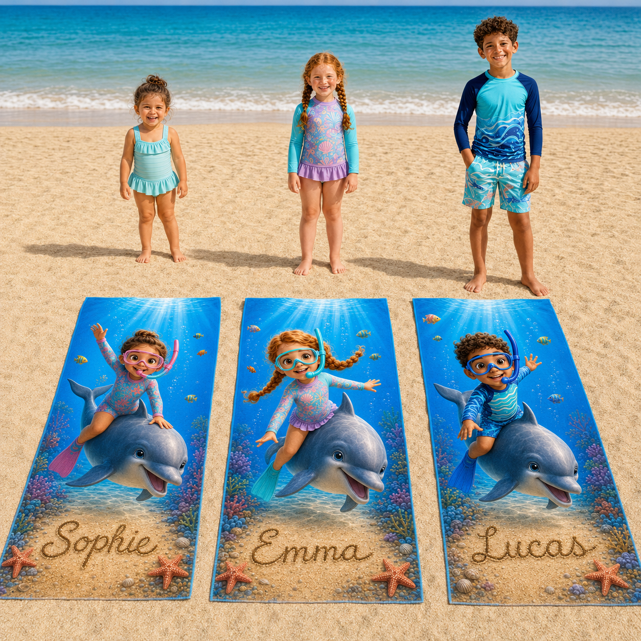 Serviette de plage personnalisée enfant – Sa photo, son prénom, sa merveilleuse aventure avec un dauphin