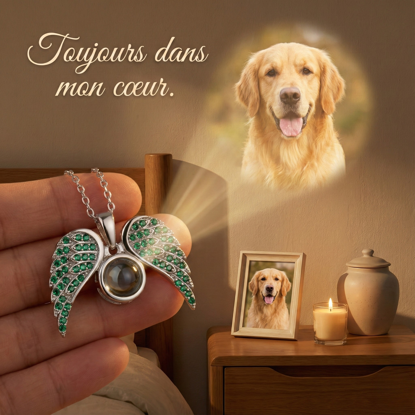 Collier Mémorial Ailes d'Ange Ouvrable – Pendentif Souvenir Photo à Projection (Hommage Deuil & Animaux)