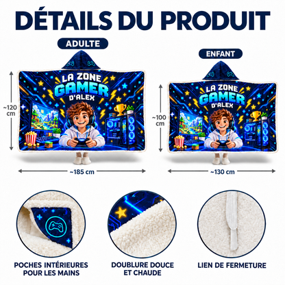 Couverture à capuche personnalisée. Sa photo. Son prénom. Sa zone gamer