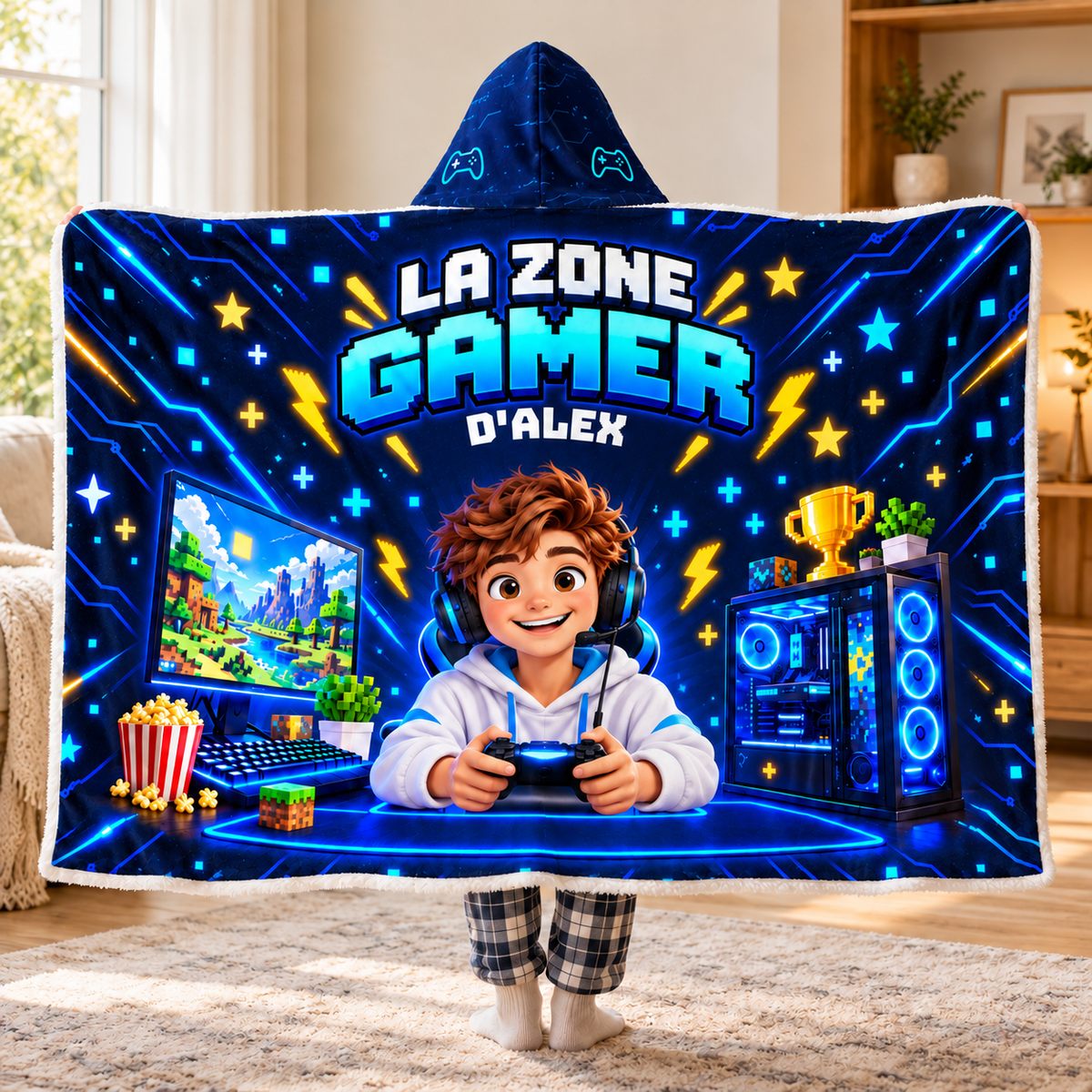 Couverture à capuche personnalisée. Sa photo. Son prénom. Sa zone gamer