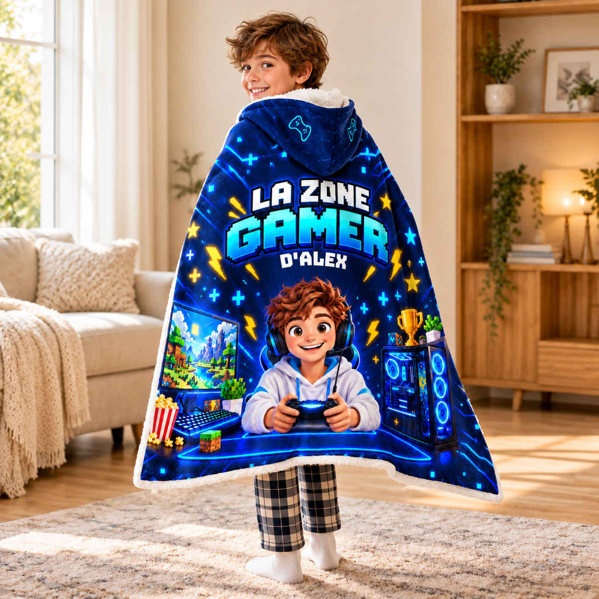 Couverture à capuche personnalisée. Sa photo. Son prénom. Sa zone gamer