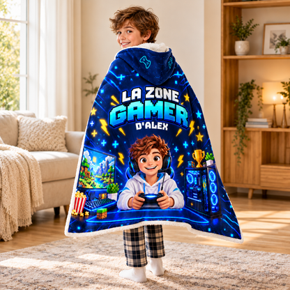 Couverture à capuche personnalisée. Sa photo. Son prénom. Sa zone gamer