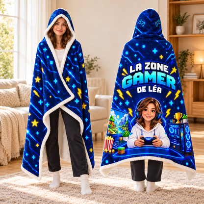 Couverture à capuche personnalisée. Sa photo. Son prénom. Sa zone gamer