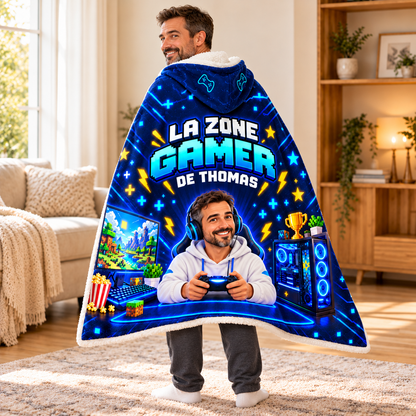 Couverture à capuche personnalisée. Sa photo. Son prénom. Sa zone gamer
