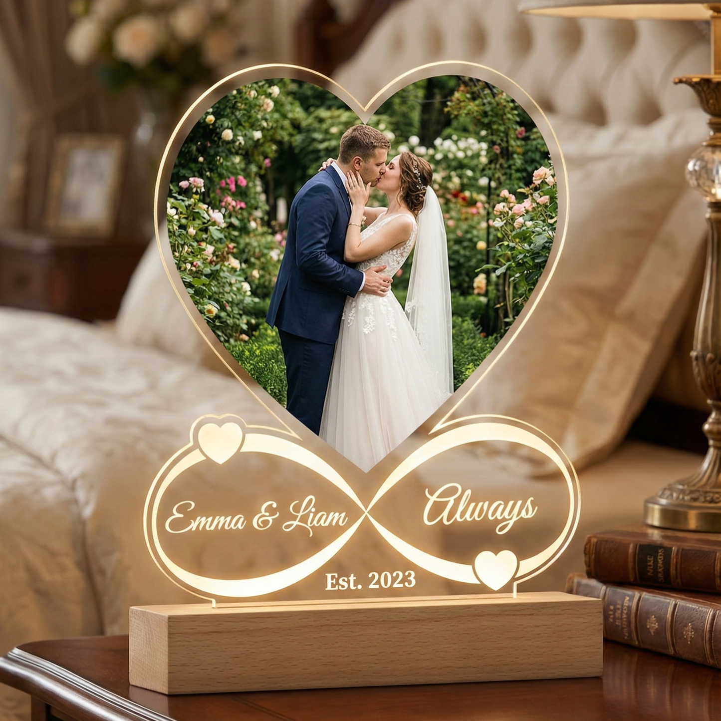 Lampe Décorative en Acrylique, Cœur et Infini Personnalisables avec Photo et Date