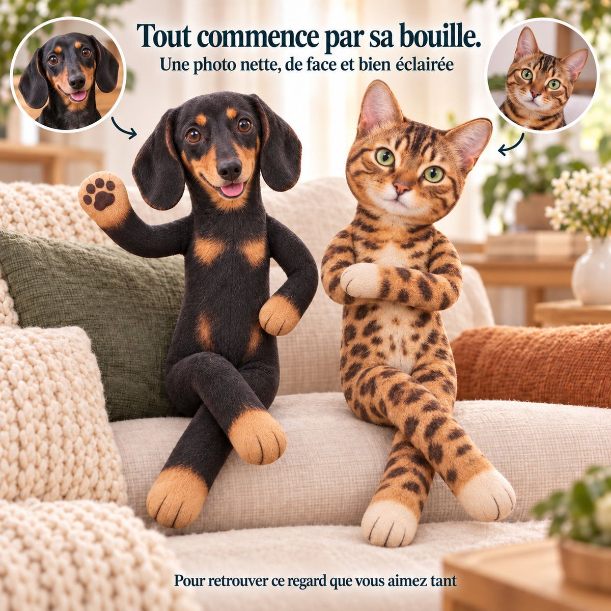Peluche articulée personnalisée avec photo de votre chien ou chat – Son petit double