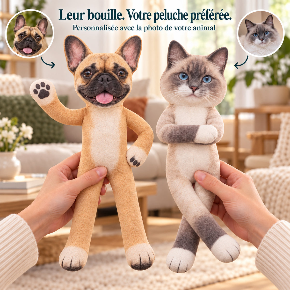 Peluche articulée personnalisée avec photo de votre chien ou chat – Son petit double