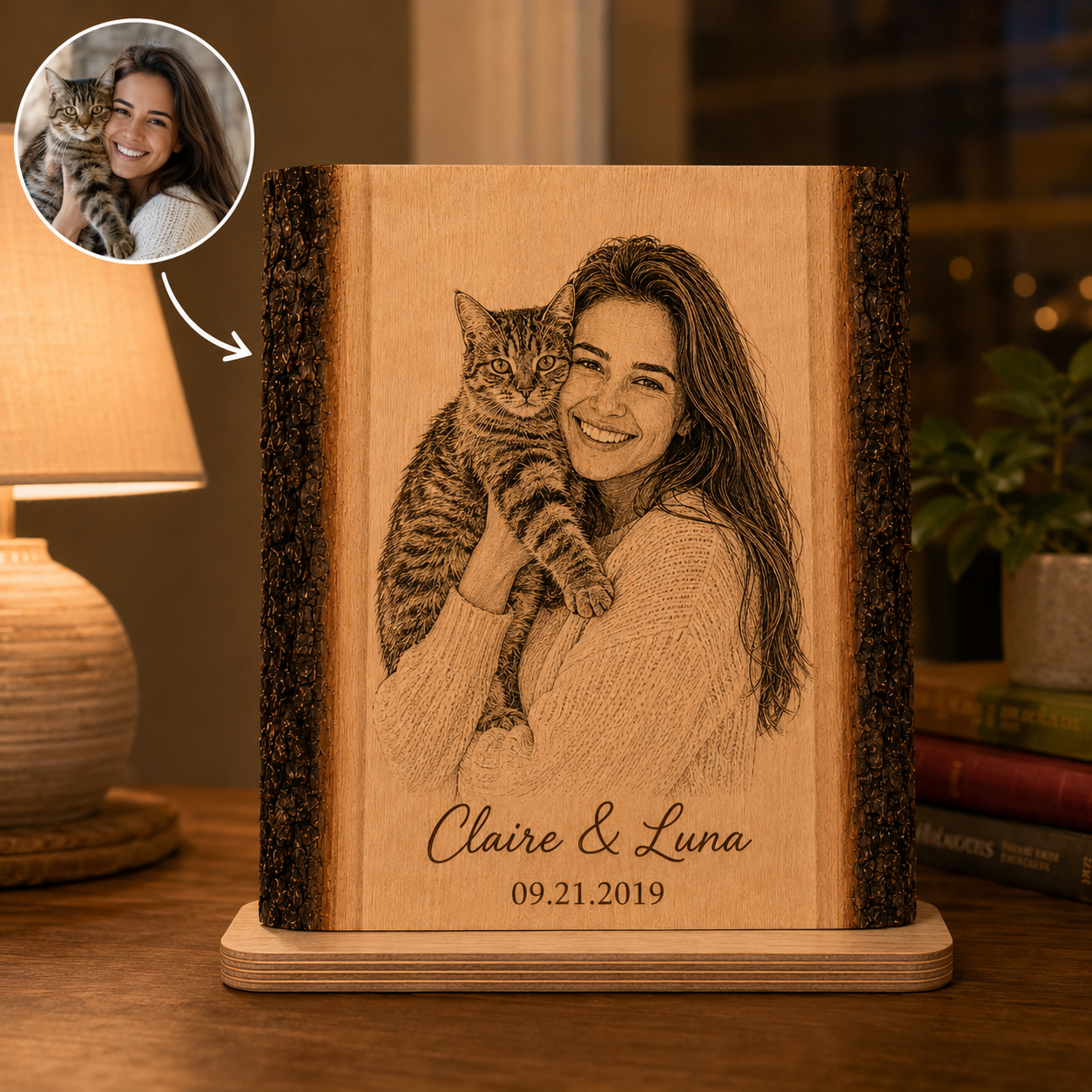 Portrait en Bois Personnalisé à partir d’une Photo – avec Prénoms & Date – Cadeau Couple, Famille ou Animal