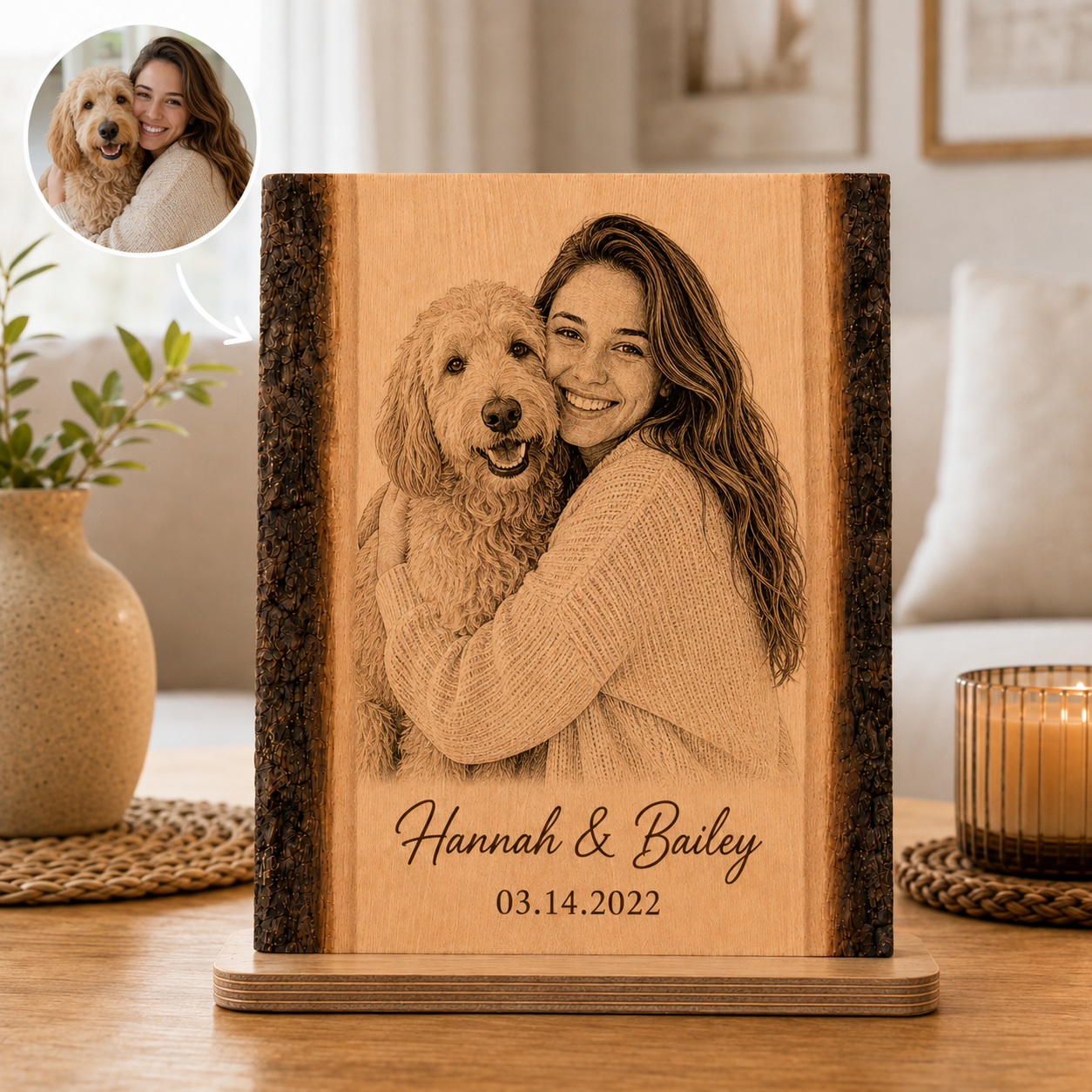 Portrait en Bois Personnalisé à partir d’une Photo – avec Prénoms & Date – Cadeau Couple, Famille ou Animal
