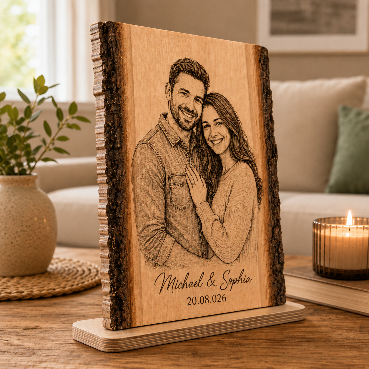 Portrait en Bois Personnalisé à partir d’une Photo – avec Prénoms & Date – Cadeau Couple, Famille ou Animal