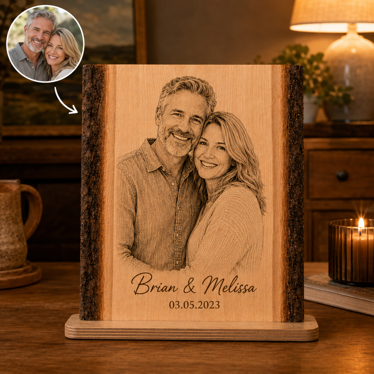 Portrait en Bois Personnalisé à partir d’une Photo – avec Prénoms & Date – Cadeau Couple, Famille ou Animal