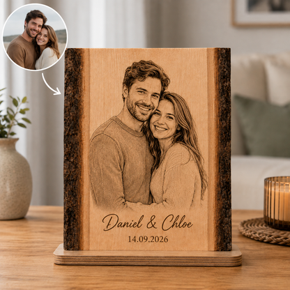 Portrait en Bois Personnalisé à partir d’une Photo – avec Prénoms & Date – Cadeau Couple, Famille ou Animal