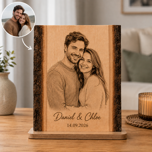 Portrait en Bois Personnalisé à partir d’une Photo – avec Prénoms & Date – Cadeau Couple, Famille ou Animal