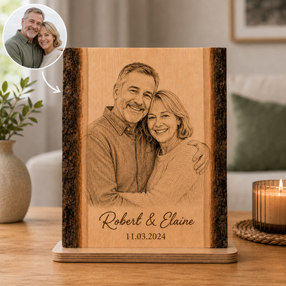 Portrait en Bois Personnalisé à partir d’une Photo – avec Prénoms & Date – Cadeau Couple, Famille ou Animal
