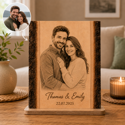 Portrait en Bois Personnalisé à partir d’une Photo – avec Prénoms & Date – Cadeau Couple, Famille ou Animal