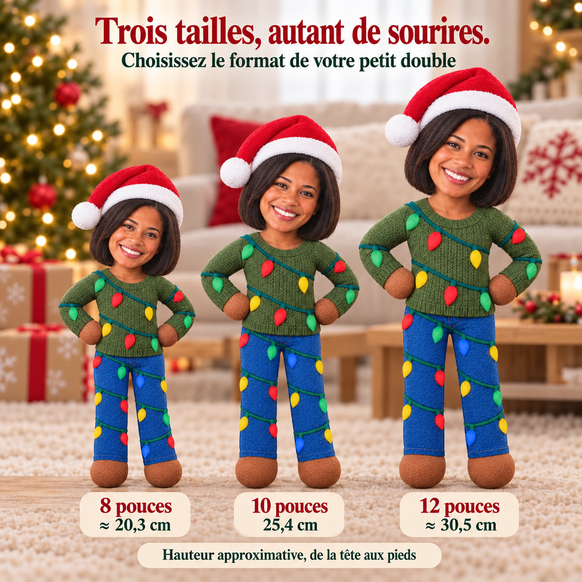 Poupée photo personnalisée et articulée de Noël – Votre petit double en tenue de fête