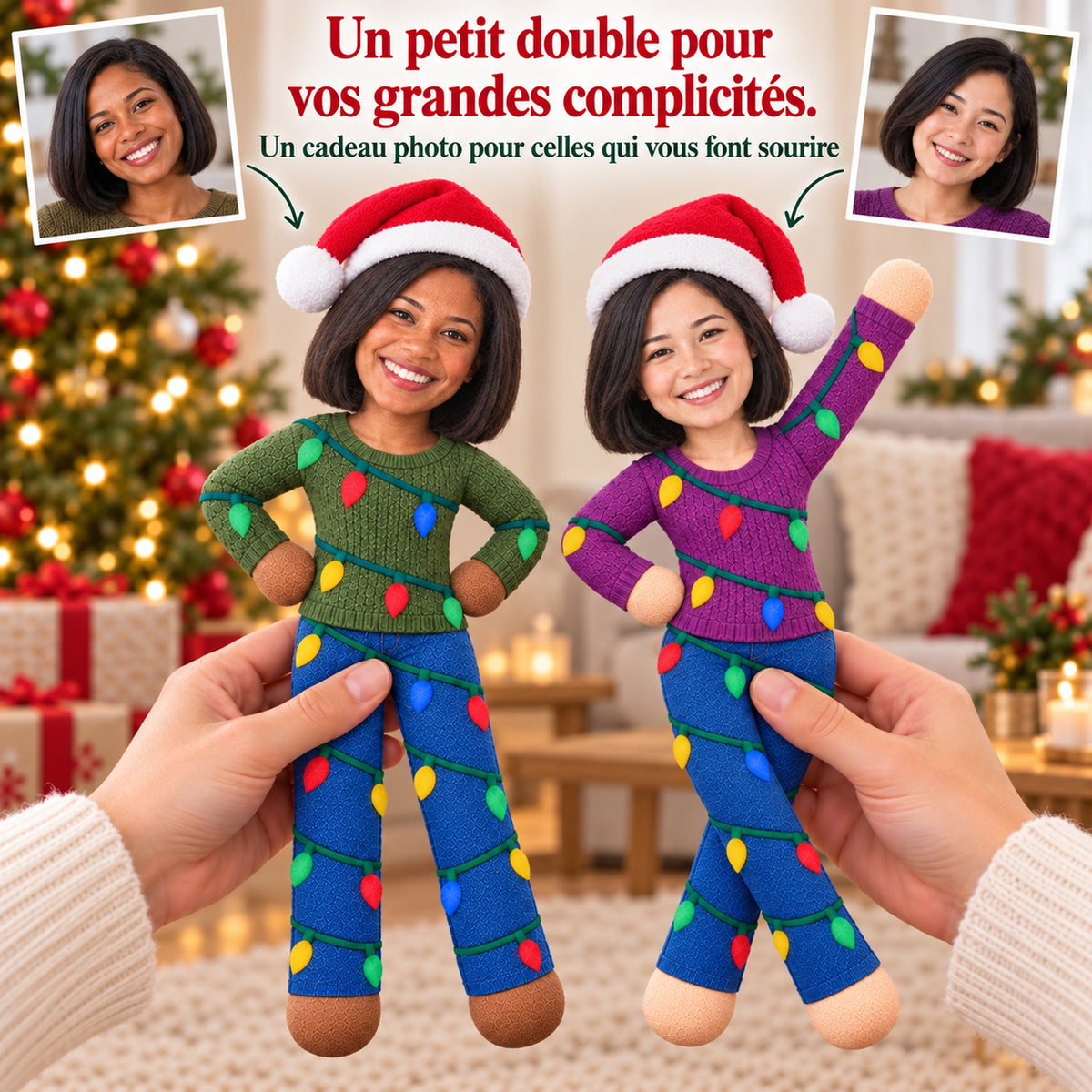 Poupée photo personnalisée et articulée de Noël – Votre petit double en tenue de fête