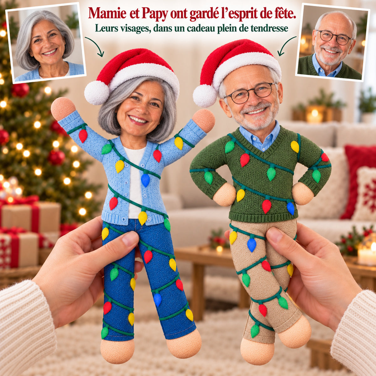 Poupée photo personnalisée et articulée de Noël – Votre petit double en tenue de fête