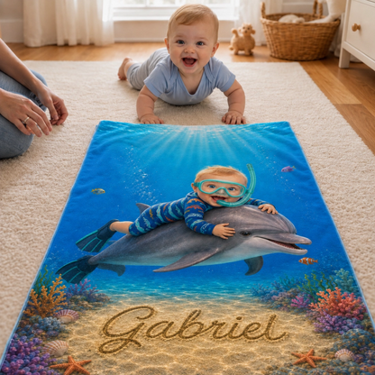Serviette de plage personnalisée enfant – Sa photo, son prénom, sa merveilleuse aventure avec un dauphin