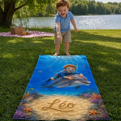 Serviette de plage personnalisée enfant – Sa photo, son prénom, sa merveilleuse aventure avec un dauphin