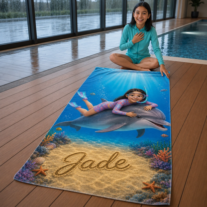 Serviette de plage personnalisée enfant – Sa photo, son prénom, sa merveilleuse aventure avec un dauphin