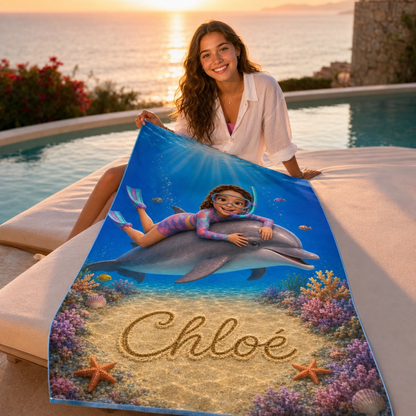 Serviette de plage personnalisée enfant – Sa photo, son prénom, sa merveilleuse aventure avec un dauphin