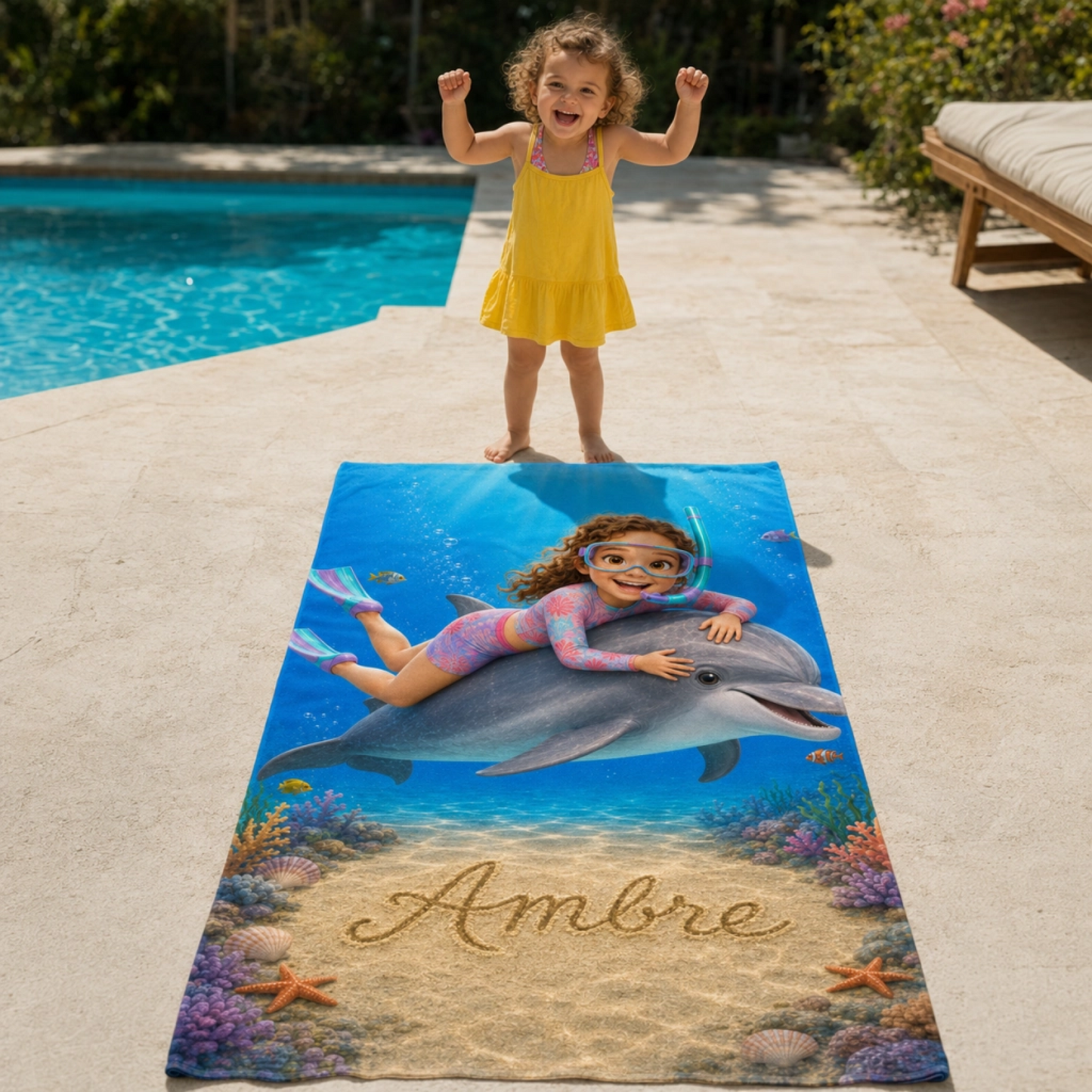 Serviette de plage personnalisée enfant – Sa photo, son prénom, sa merveilleuse aventure avec un dauphin