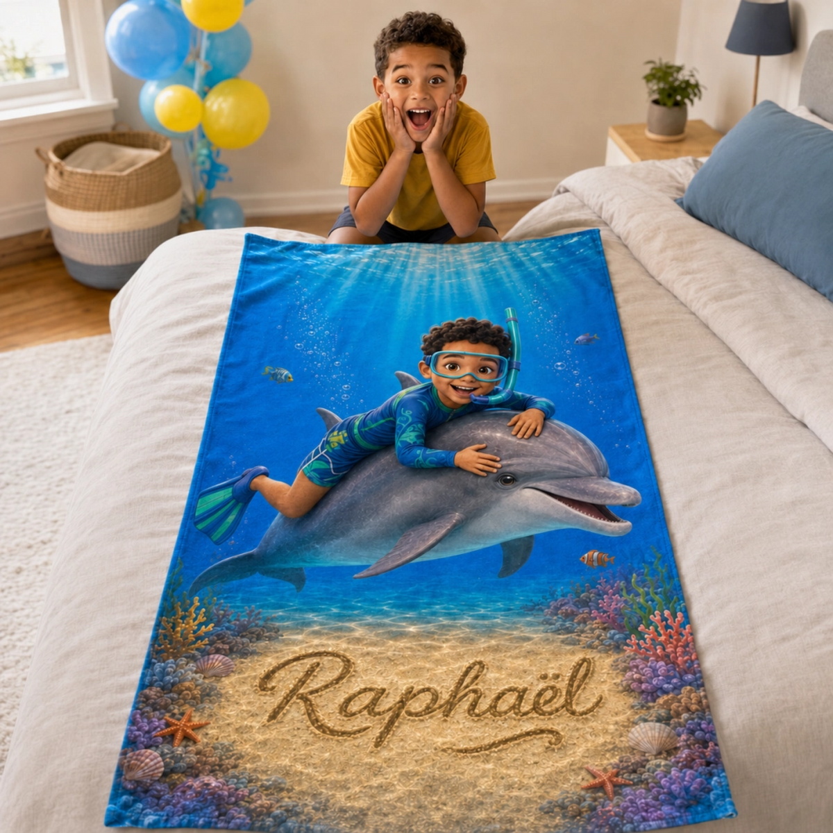 Serviette de plage personnalisée enfant – Sa photo, son prénom, sa merveilleuse aventure avec un dauphin