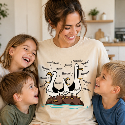 T-shirt Maman Personnalisé – Mouettes “Maman Maman Maman” avec Prénoms des Enfants