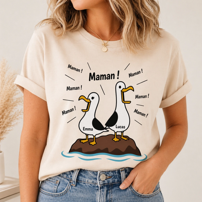 T-shirt Maman Personnalisé – Mouettes “Maman Maman Maman” avec Prénoms des Enfants