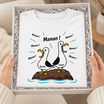 T-shirt Maman Personnalisé – Mouettes “Maman Maman Maman” avec Prénoms des Enfants