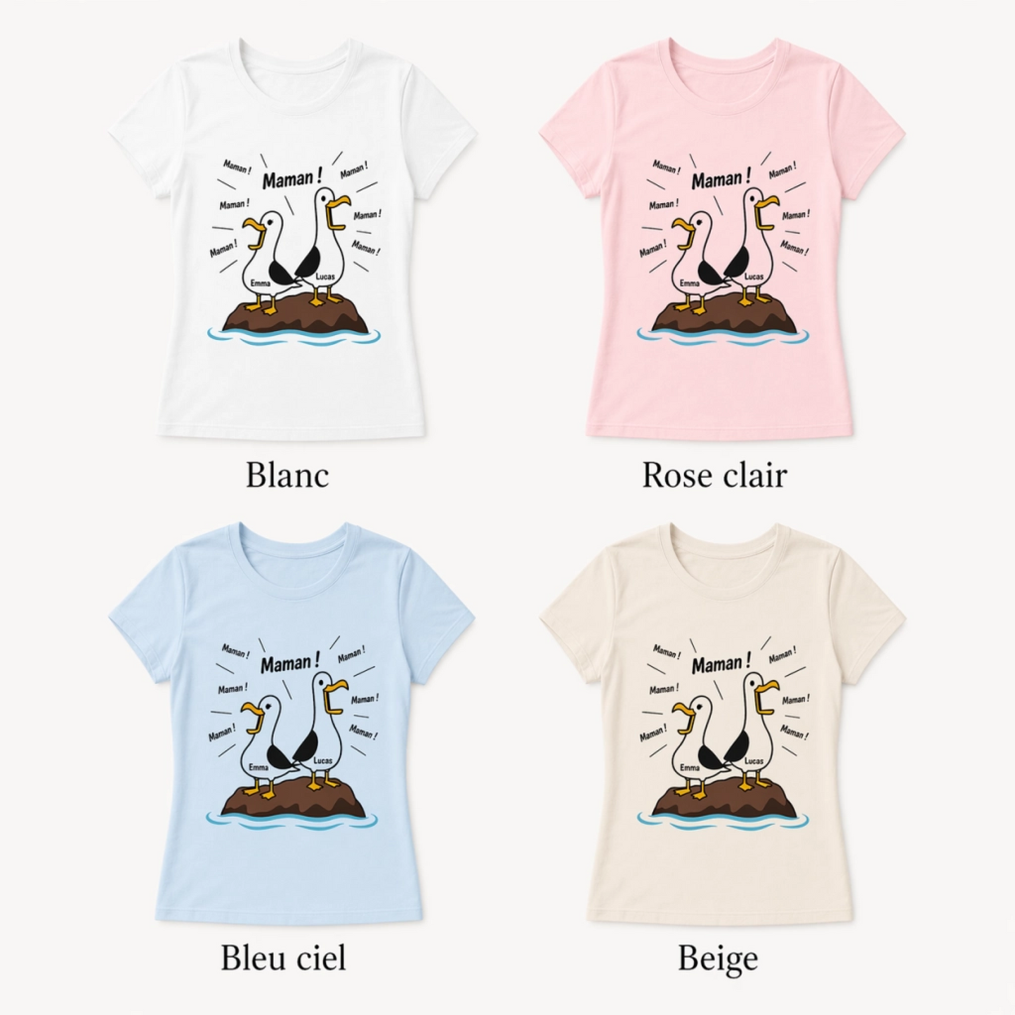 T-shirt Maman Personnalisé – Mouettes “Maman Maman Maman” avec Prénoms des Enfants