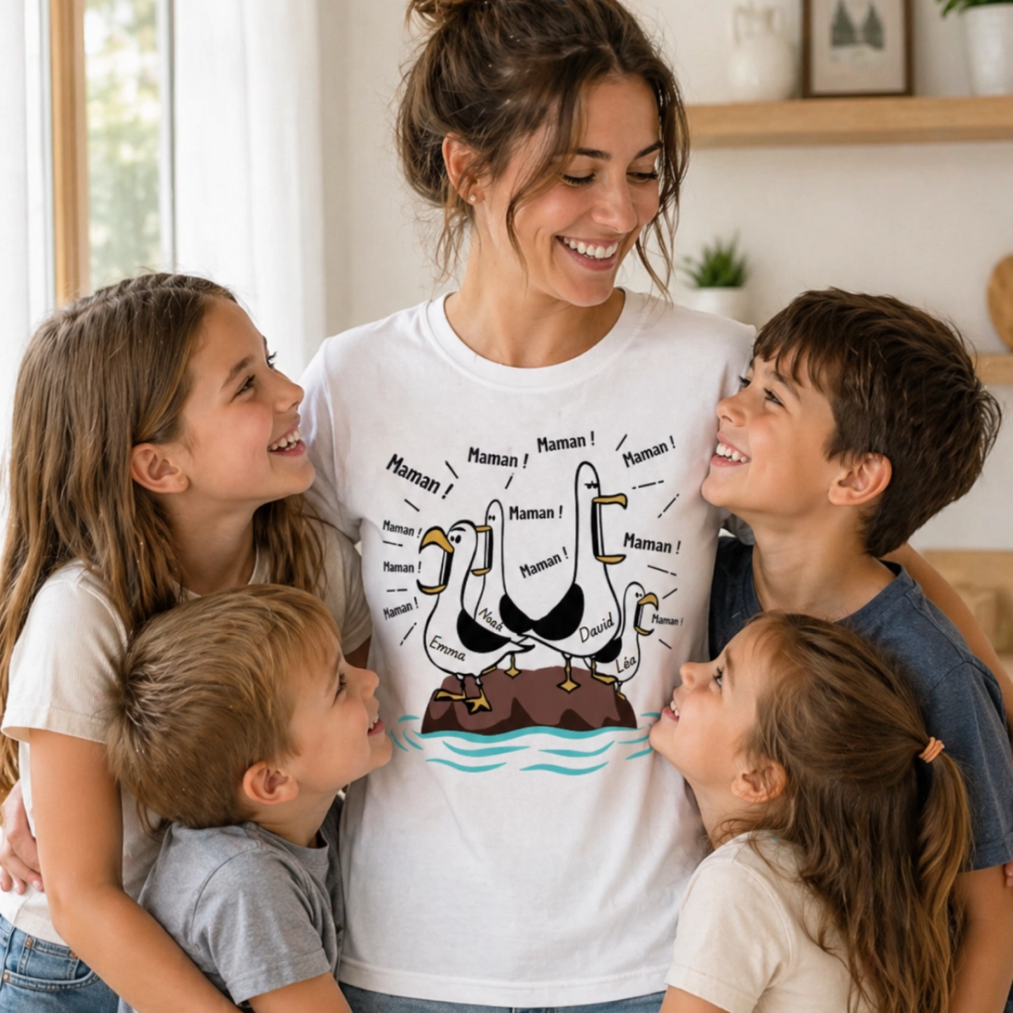 T-shirt Maman Personnalisé – Mouettes “Maman Maman Maman” avec Prénoms des Enfants