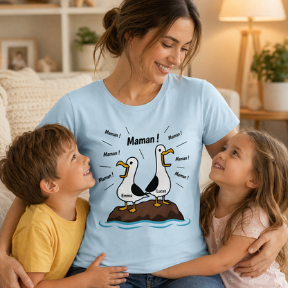 T-shirt Maman Personnalisé – Mouettes “Maman Maman Maman” avec Prénoms des Enfants