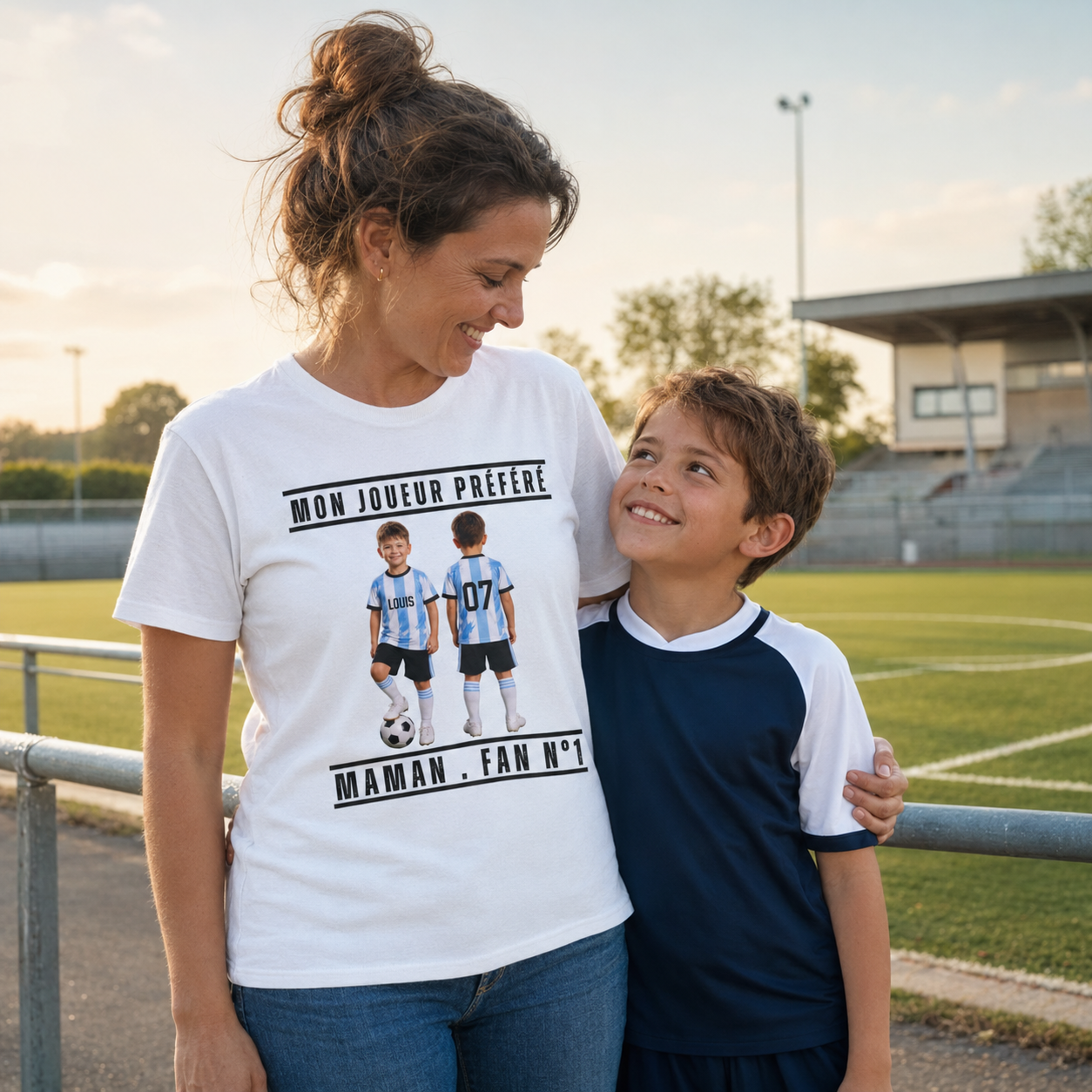 T-shirt Maman de Foot personnalisé – Portrait, prénom et numéro de son enfant