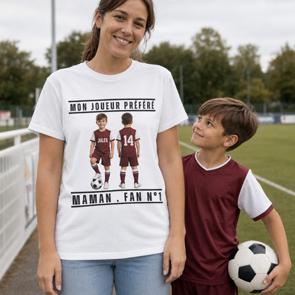 T-shirt Maman de Foot personnalisé – Portrait, prénom et numéro de son enfant