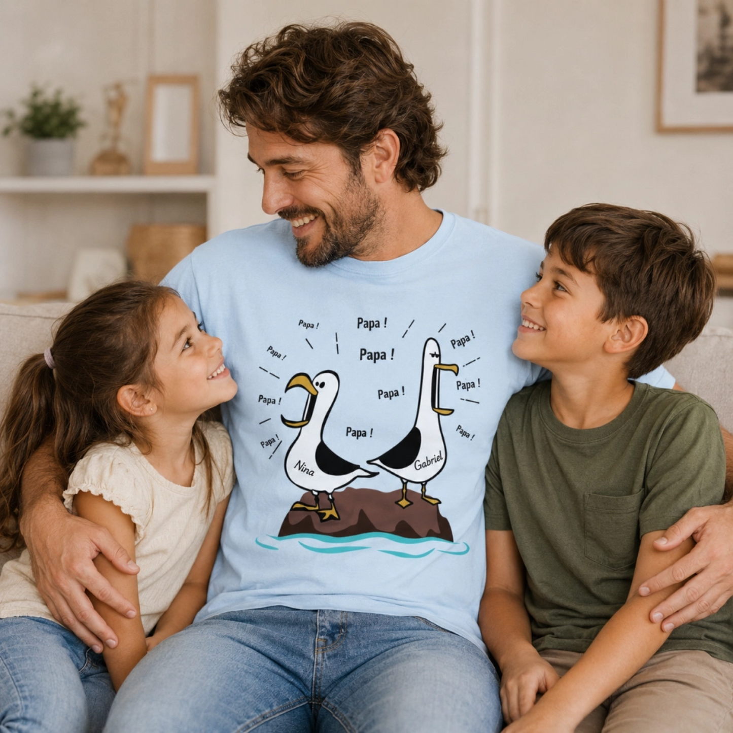 T-shirt Personnalisé Mouettes – Maman Papa Mamy Papy avec Prénoms des Enfants, Cadeau Famille Drôle et Touchant