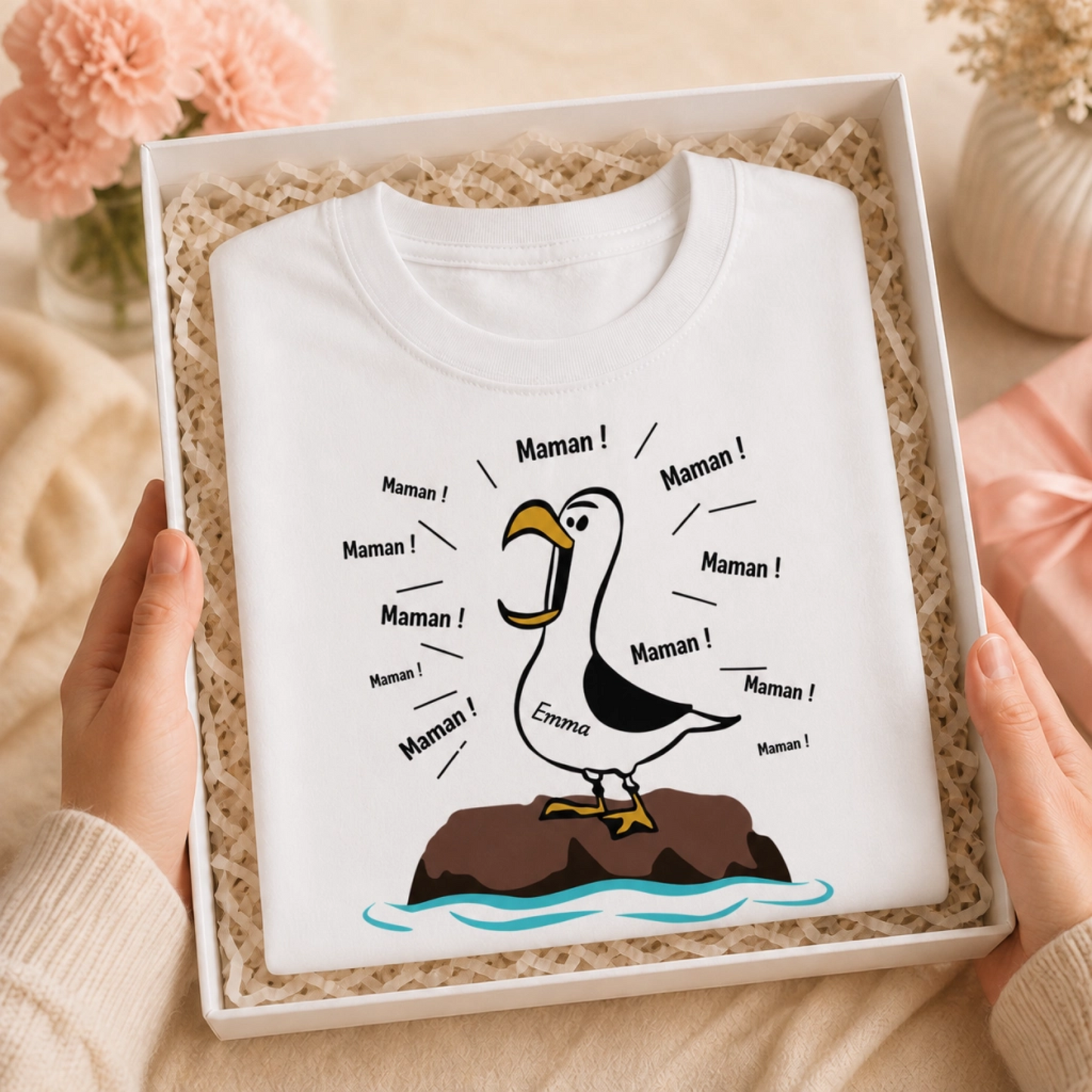 T-shirt Personnalisé Mouettes – Maman Papa Mamy Papy avec Prénoms des Enfants, Cadeau Famille Drôle et Touchant