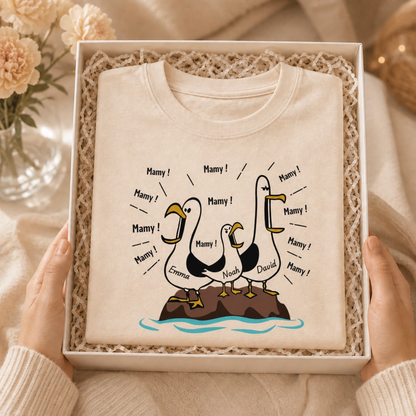T-shirt Personnalisé Mouettes – Maman Papa Mamy Papy avec Prénoms des Enfants, Cadeau Famille Drôle et Touchant