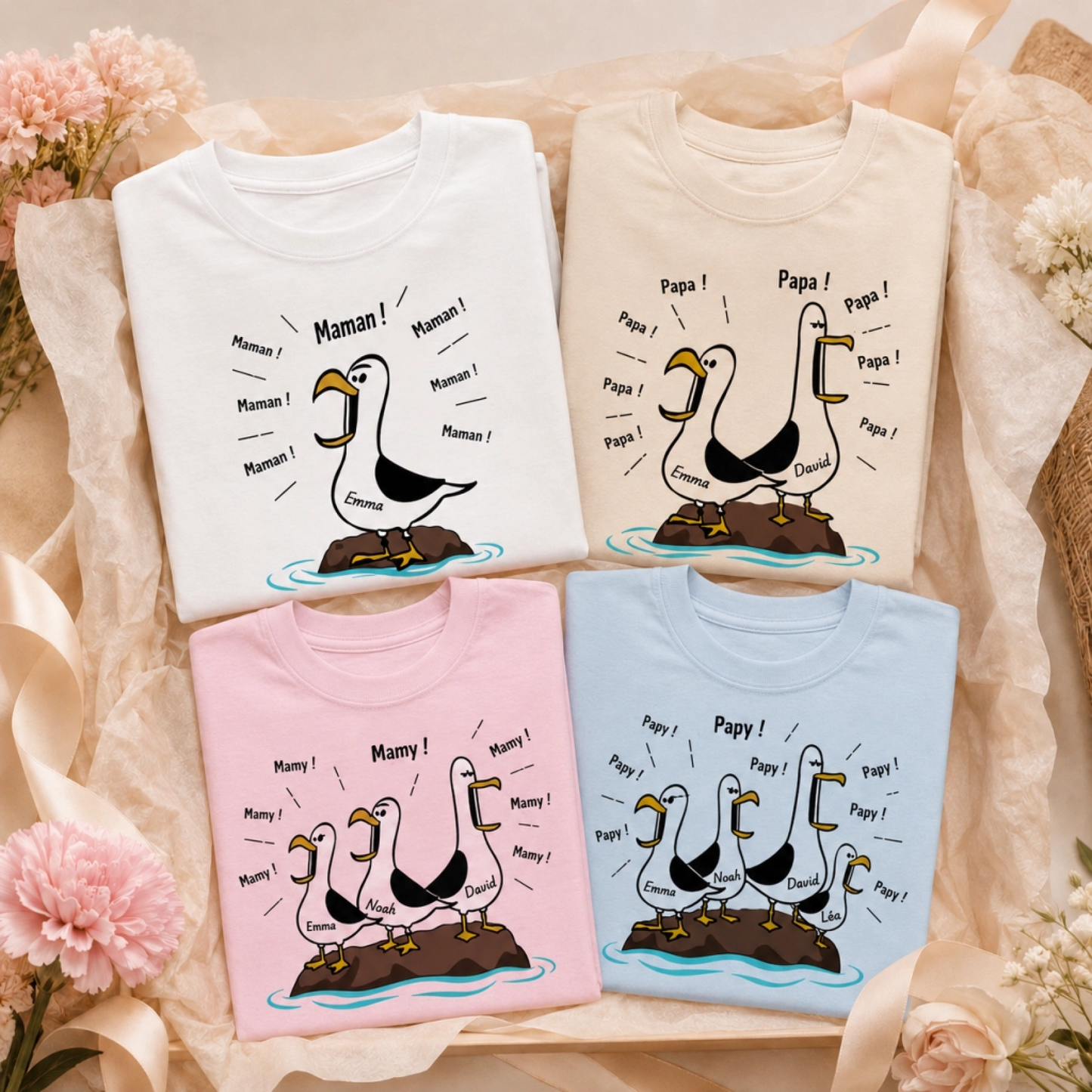 T-shirt Personnalisé Mouettes – Maman Papa Mamy Papy avec Prénoms des Enfants, Cadeau Famille Drôle et Touchant