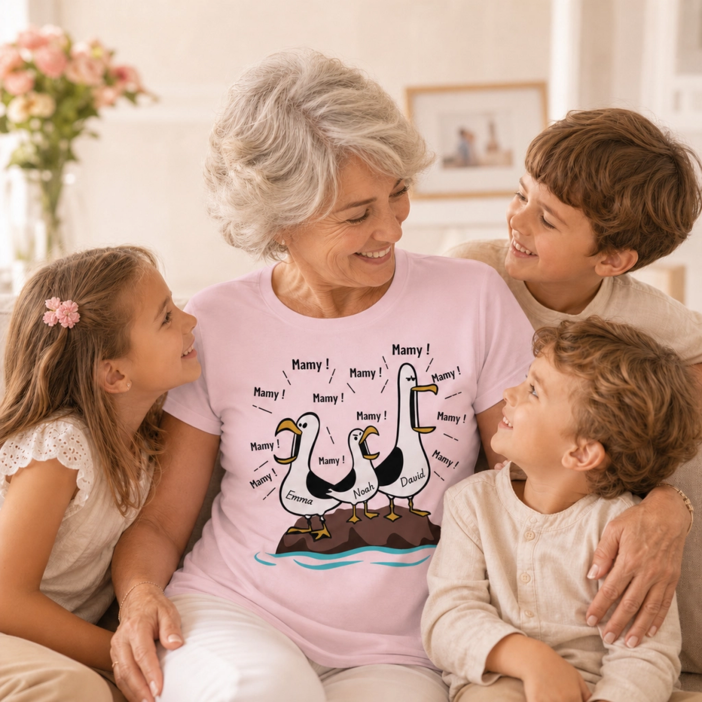T-shirt Personnalisé Mouettes – Maman Papa Mamy Papy avec Prénoms des Enfants, Cadeau Famille Drôle et Touchant
