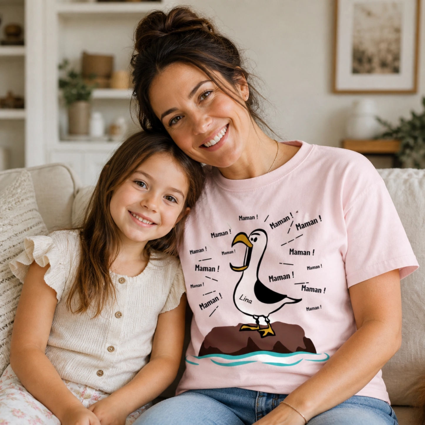 T-shirt Personnalisé Mouettes – Maman Papa Mamy Papy avec Prénoms des Enfants, Cadeau Famille Drôle et Touchant