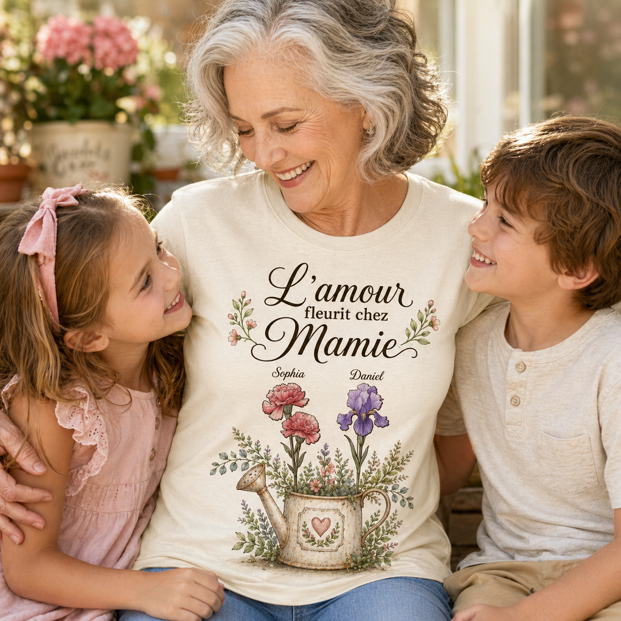 T-shirt personnalisé Mamie fleurs de naissance, L’amour fleurit chez Mamie, cadeau personnalisé avec prénoms petits-enfants