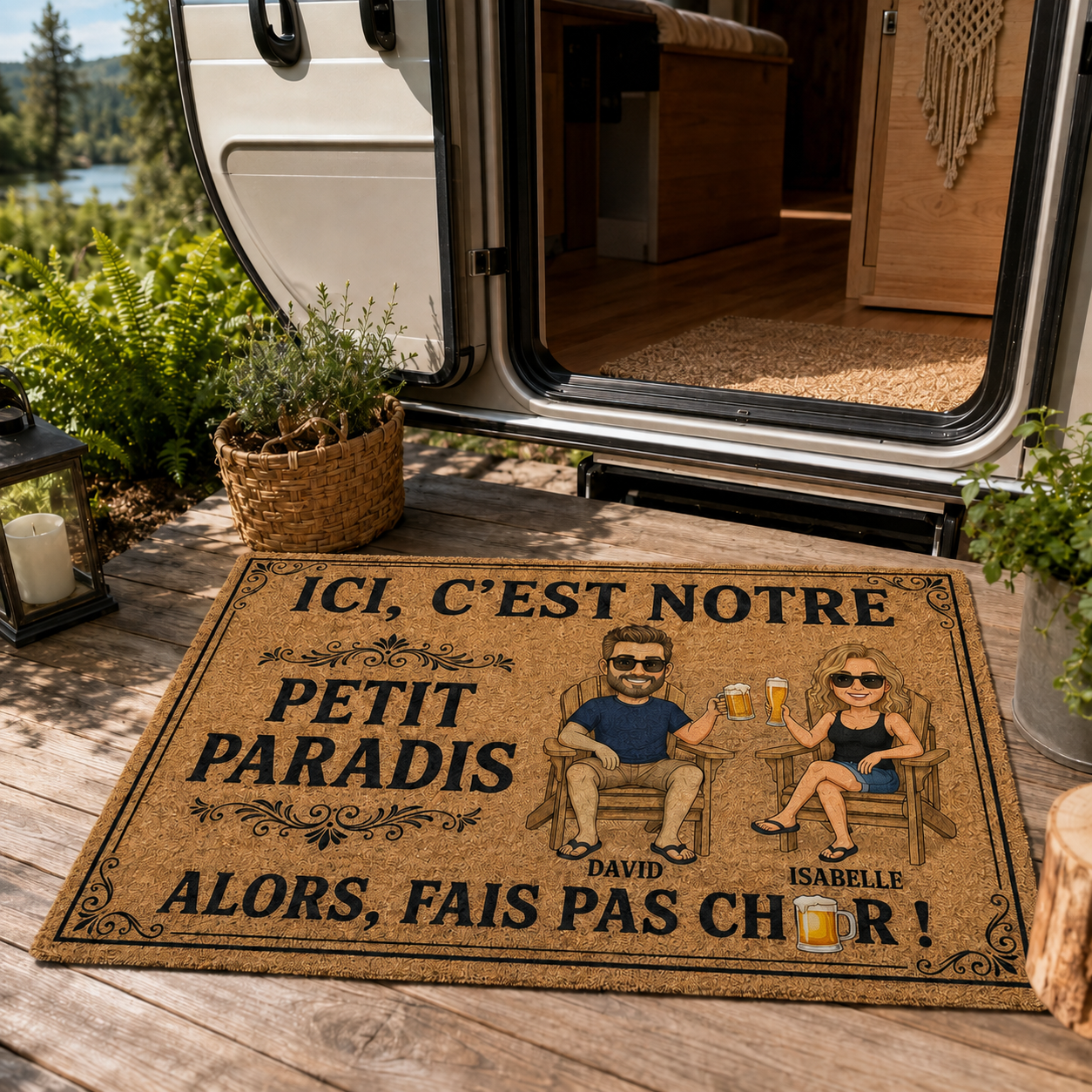 Tapis Personnalisé Couple avec Photo et Prénoms – « Ici, C’est Notre Petit Paradis » – Cadeau Maison Drôle et Original